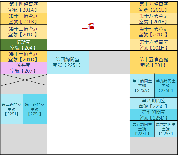 二樓偵查庭配置圖，包括第11至第19偵查庭及詢問室